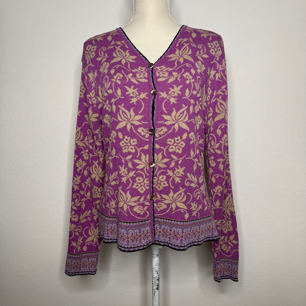 Icelandic Design Cardigan Purple Floral Knit V Neck Button Front Size L